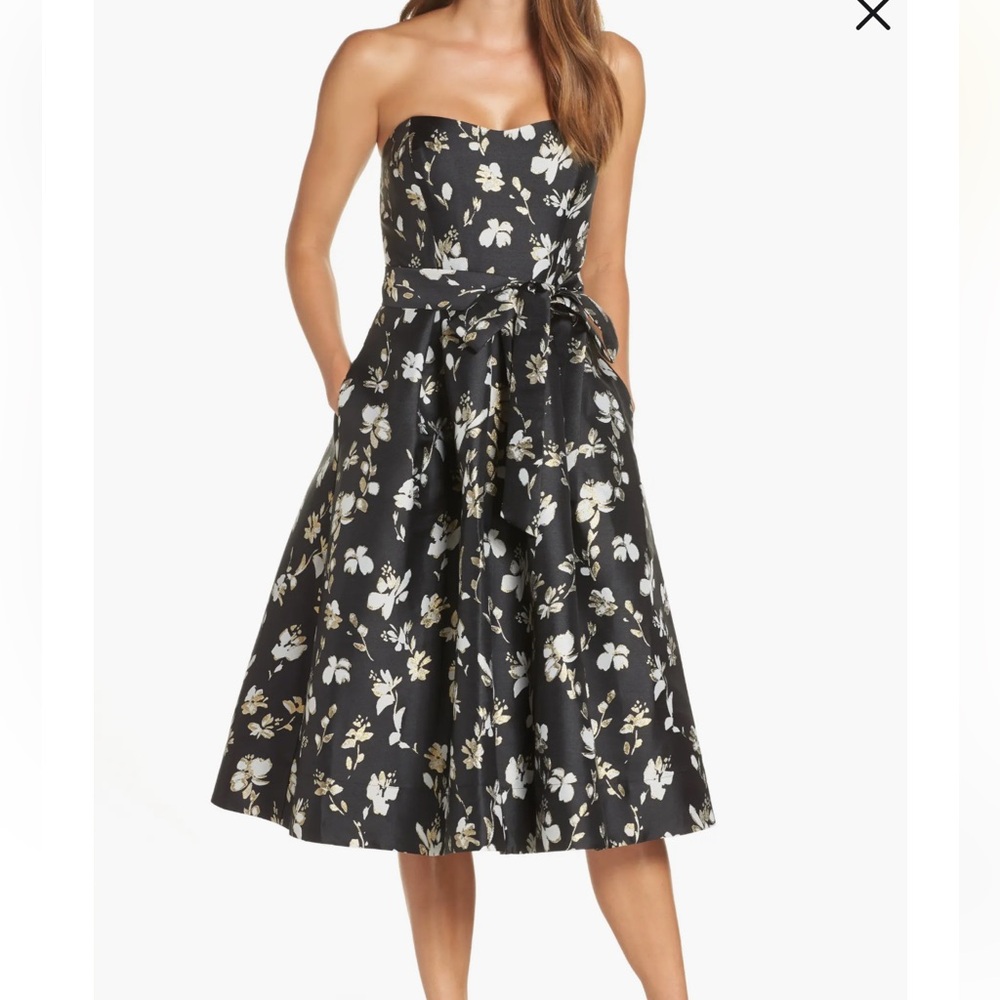 1901 Strapless Black And Gold Floral Jacquard Fit & Flare Dress NWT